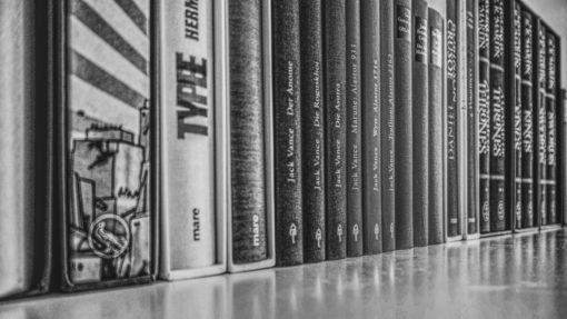 Eine Reihe Bücher auf einem Regal in Schwarz und Weiß.