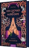 Ein Buchcover von „Der Glöckner von Notre-Dame“ von Victor Hugo, illustriert von Mina Mucken. Das Design zeigt kunstvolle Illustrationen mit Figuren und dekorativen Elementen in Orange- und Lilatönen.
