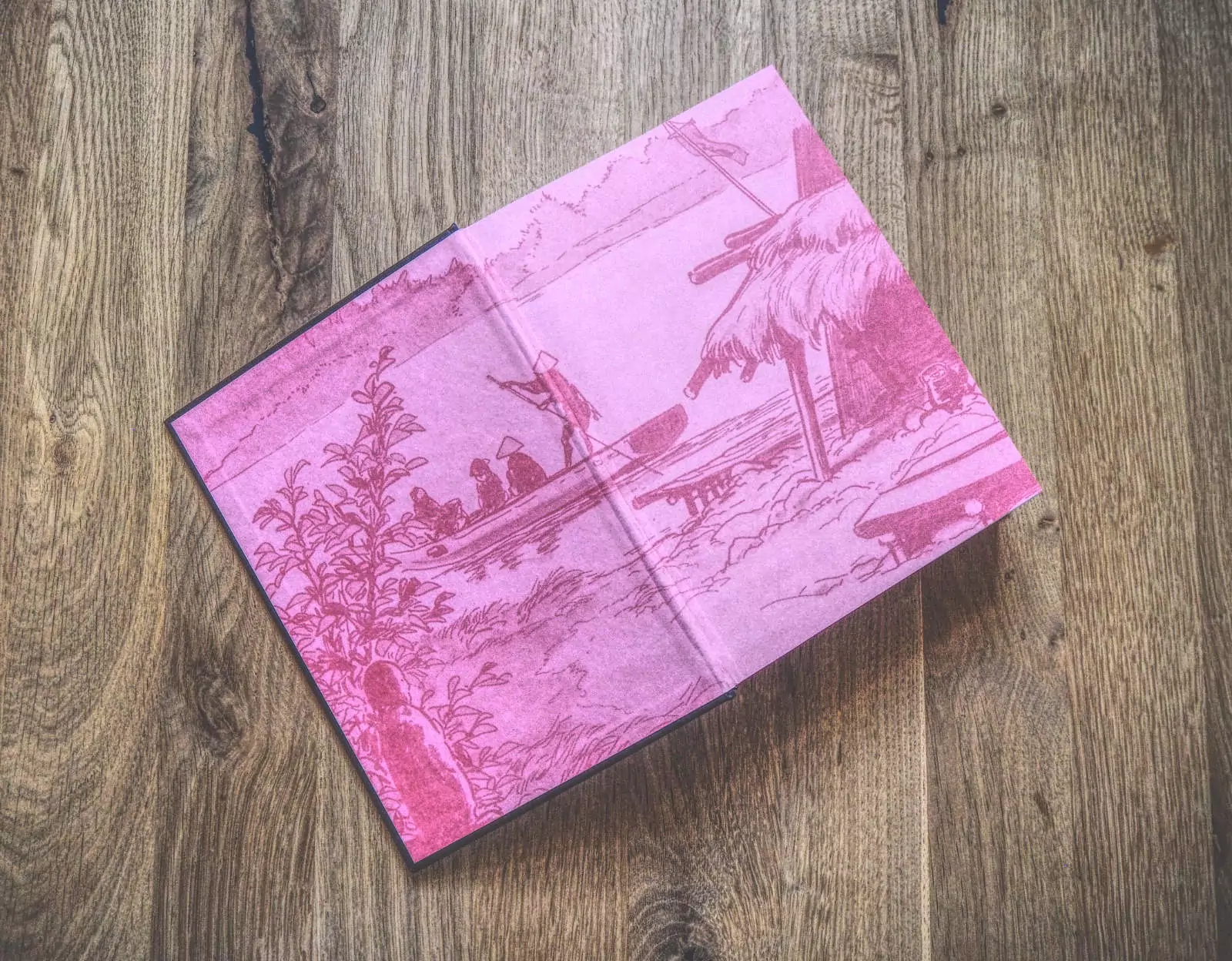 Ein rosafarbenes Buch mit dem Bild eines Bootes darauf.