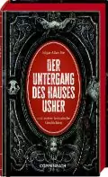 Ein Buchcover für „Der Untergang des Hauses Usher und andere Geschichten“ von Edgar Allan Poe, mit einem kunstvollen dunklen Design mit einem roten ovalen Mittelteil und gotischen Verzierungen.