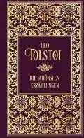 Cover eines Buches mit dem Titel „Die schönsten Erzählungen“ von Leo Tolstoi, mit kastanienbraunem Hintergrund und komplizierten Goldmustern.