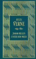 Ein Buchumschlag mit Art-Deco-Design in Gold und Marineblau. In der Mitte steht „Jules Verne – 20.000 Meilen unter dem Meer“.