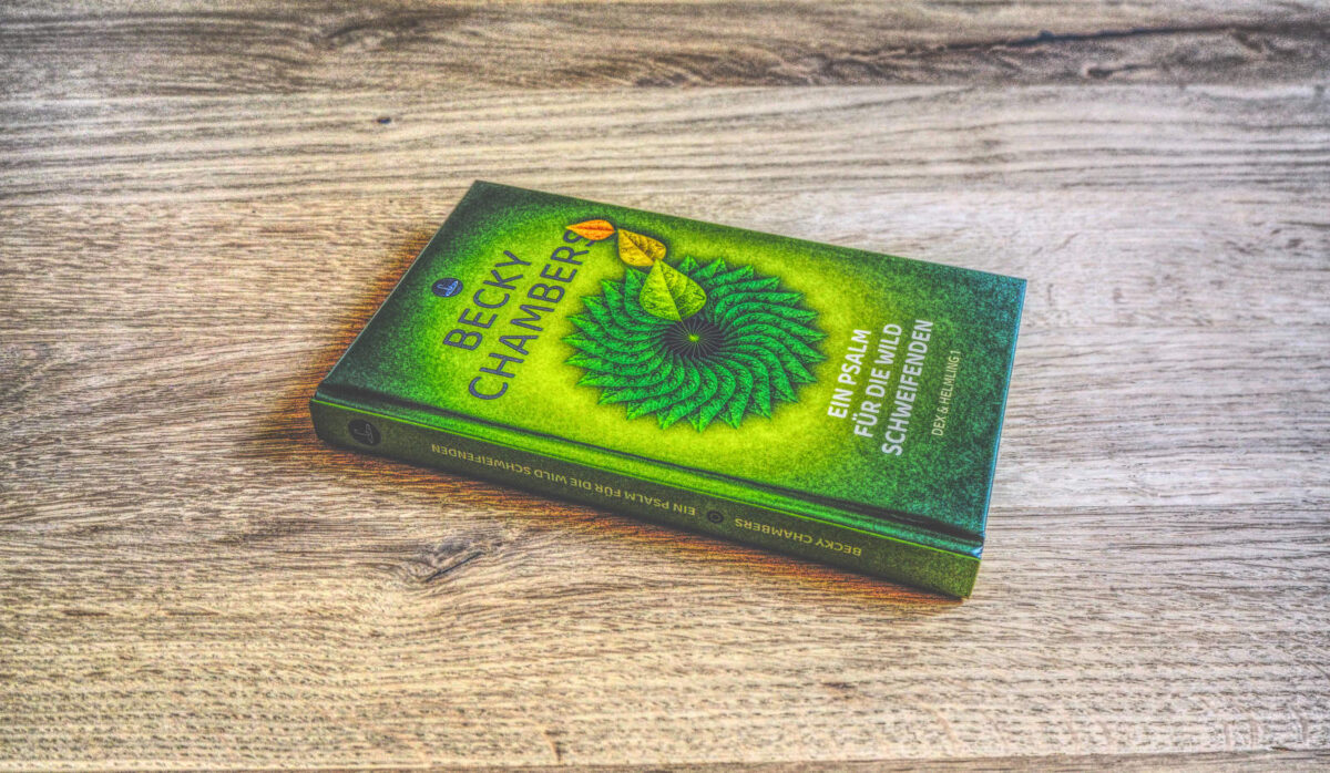 Ein abgenutztes Taschenbuch mit dem Titel „Cyber Chamber“ von Beck, auf einer Holzoberfläche liegend, mit einem leuchtend grünen Cover, das ein stilisiertes Augendesign zeigt.