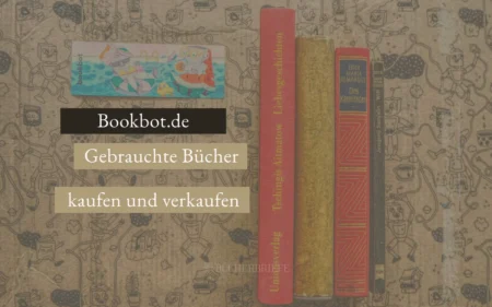 Eine Sammlung von vier aufrecht stehenden Büchern auf einem gemusterten Hintergrund mit Text, der für eine Site zum Kaufen und Verkaufen gebrauchter Bücher wirbt.