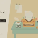 Abbildung eines Schreibtischs mit Schreibmaschine, Kaffeetasse, Brille, Feder, Papieren und Herbstlaub. Text: „Bücherbrief II/2025 Rückblick & Ausblick.