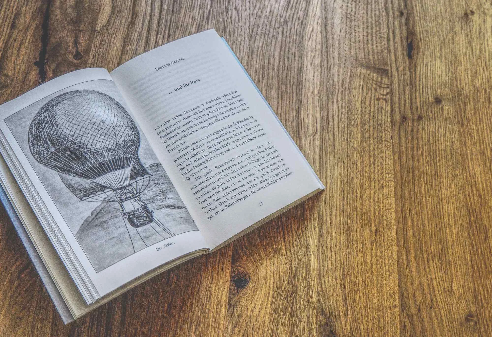 Ein aufgeschlagenes Buch mit der Schwarz-Weiß-Abbildung eines Heißluftballons liegt auf einer Holzplatte.