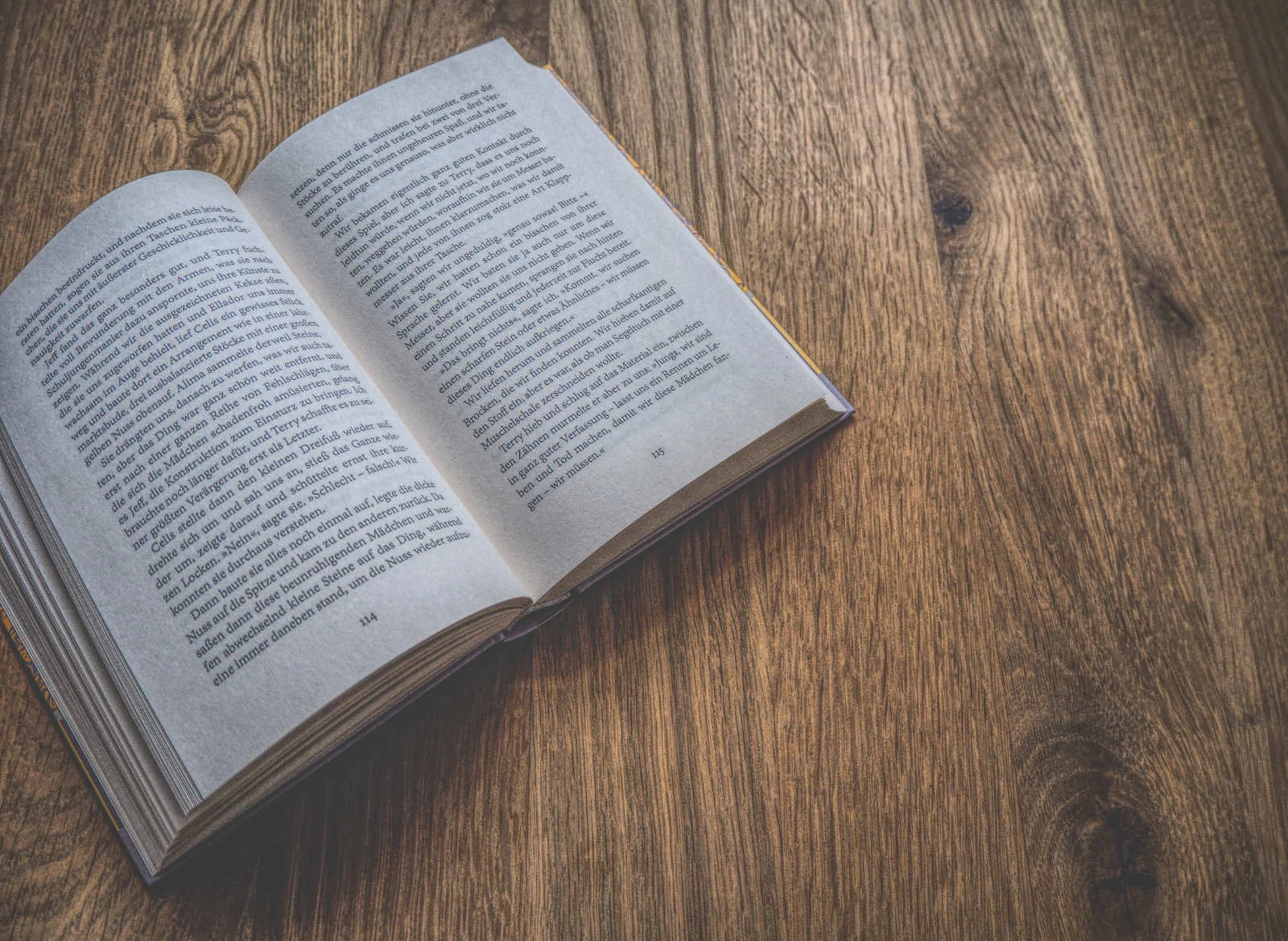 Ein offenes Buch liegt flach auf einem Holztisch und zeigt gedruckten Text auf zwei Seiten.