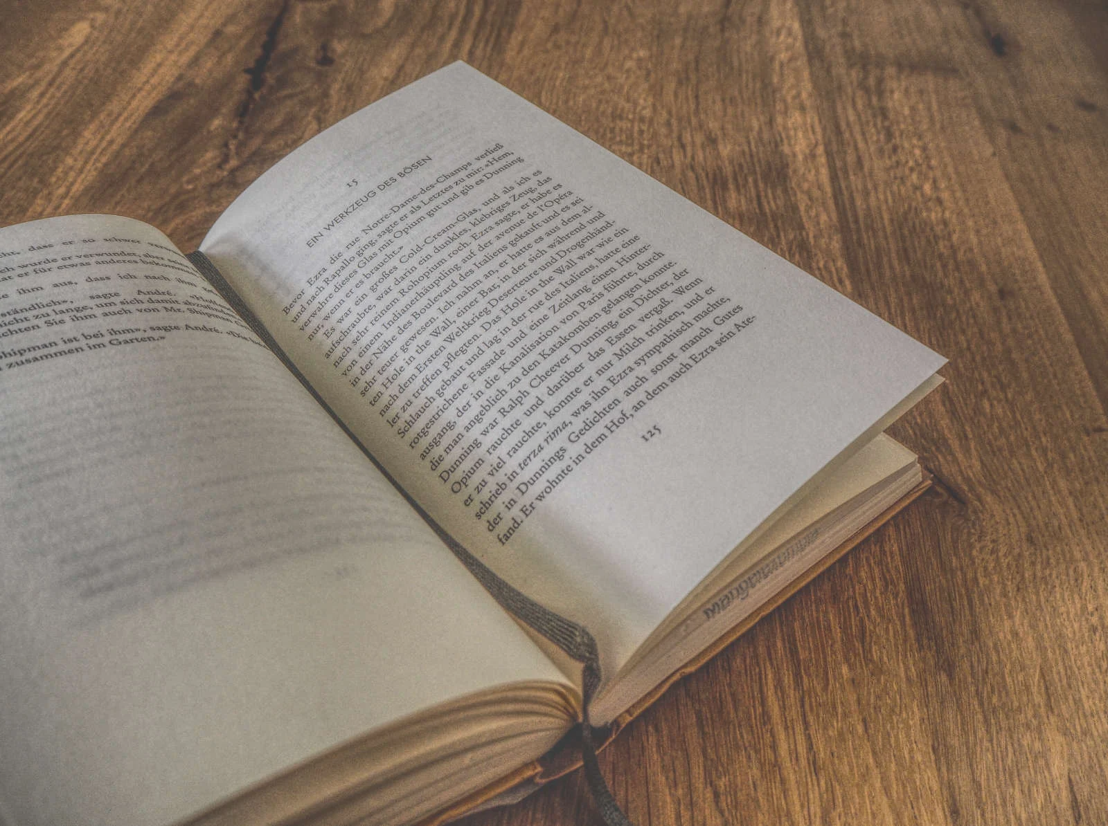 Auf einer Holzfläche liegt ein aufgeschlagenes Buch mit deutschem Text, die Seiten sind an den Rändern leicht gewellt.