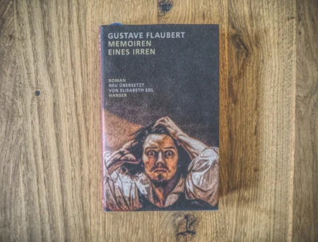 Auf einer Holzoberfläche liegt ein Buch mit dem Titel „Gustave Flaubert: Memoiren Eines Irren“. Auf dem Cover ist eine verzweifelte Person abgebildet, die ihren Kopf hält.