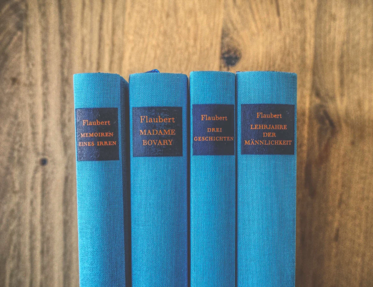 Vier blaue Bücher von Flaubert liegen nebeneinander auf einer Holzunterlage. Titel sind „Memoiren eines Irren“, „Madame Bovary“, „Drei Geschichten“ und „Lehrjahre der Männlichkeit“.