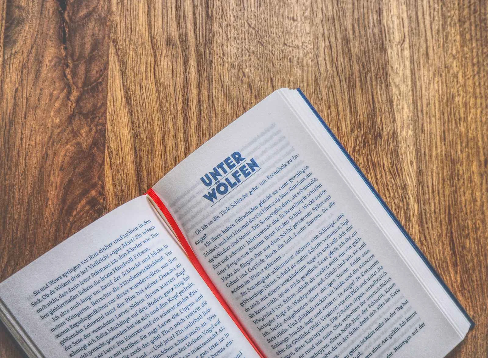 Ein aufgeschlagenes Buch auf einer Holzfläche zeigt eine Seite mit der Überschrift "UNTER WÖLFEN" in deutscher Sprache.