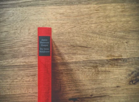 Auf einer Holzfläche liegt ein rotes Buch mit dem Rücken nach oben, mit dem Titel „Der Letzte Mohikaner“ von James Fenimore Cooper.