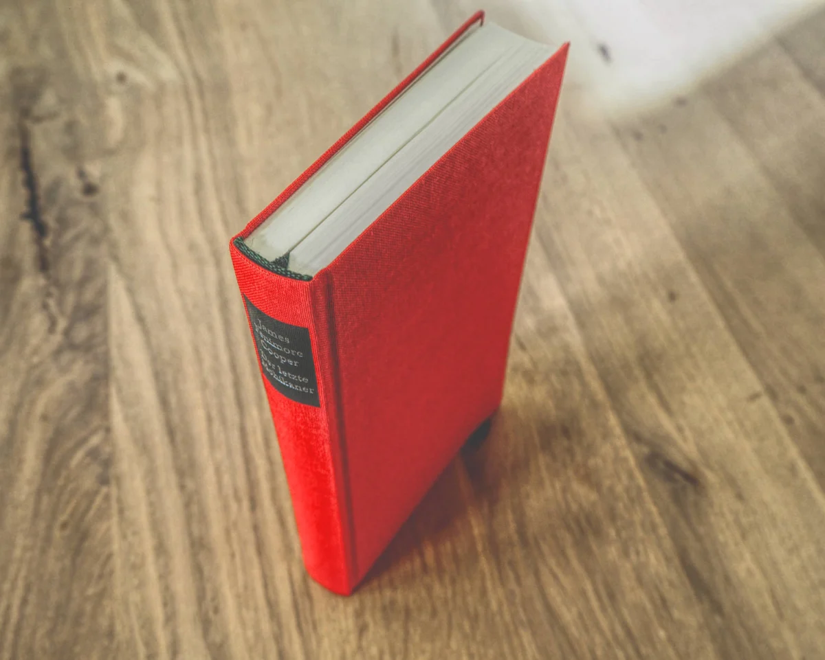 Ein rotes Hardcover-Buch mit schwarzem Rückenschild steht aufrecht auf einer Holzoberfläche.