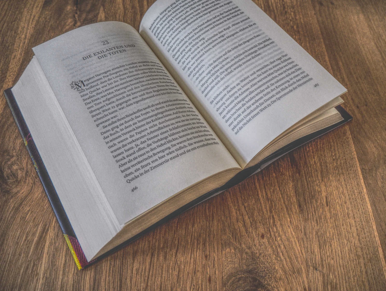 Ein offenes Buch mit gedrucktem Text auf einer Holzoberfläche, das ein Kapitel anzeigt, das mit „Die Exilanten und die Toten“ beginnt.