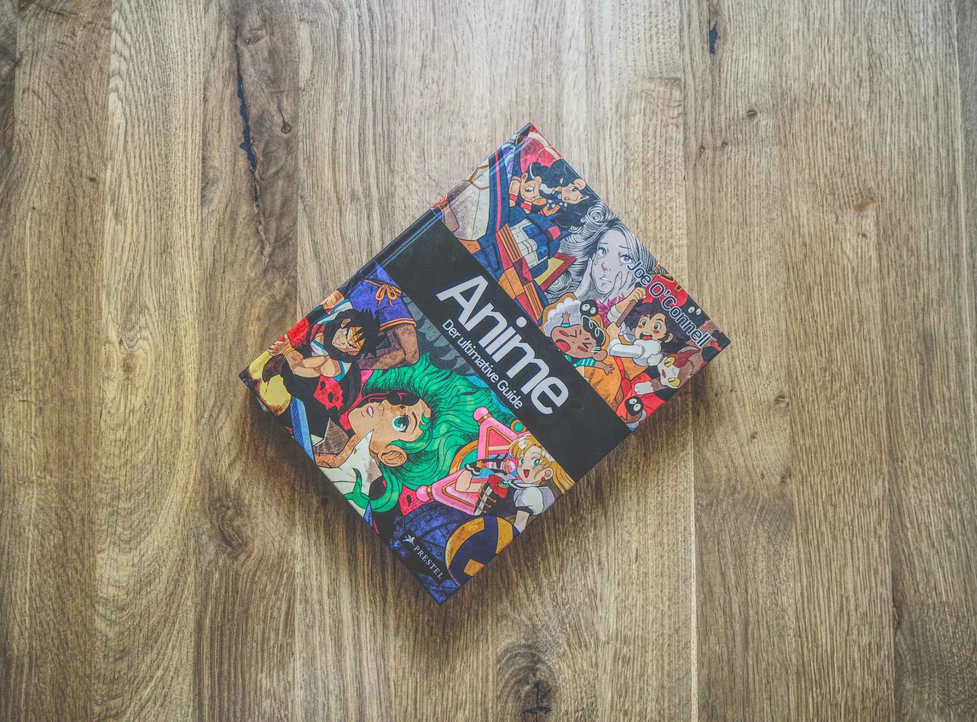 Ein Buch mit dem Titel "Anime" und bunten Illustrationen von Anime-Figuren auf dem Einband liegt auf einer Holzfläche.