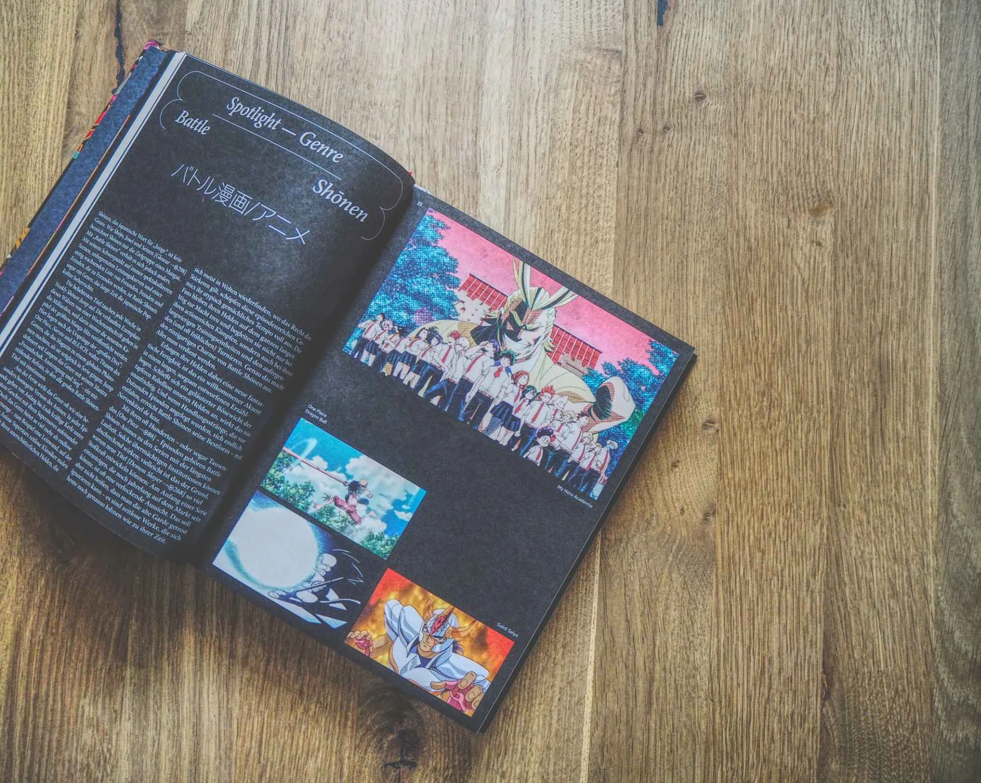 Ein aufgeschlagenes Buch zeigt Text und Anime-Bilder auf einer Holzoberfläche. Die Seite hebt das "Shonen"-Genre hervor und zeigt mehrere bunte Anime-Szenen.