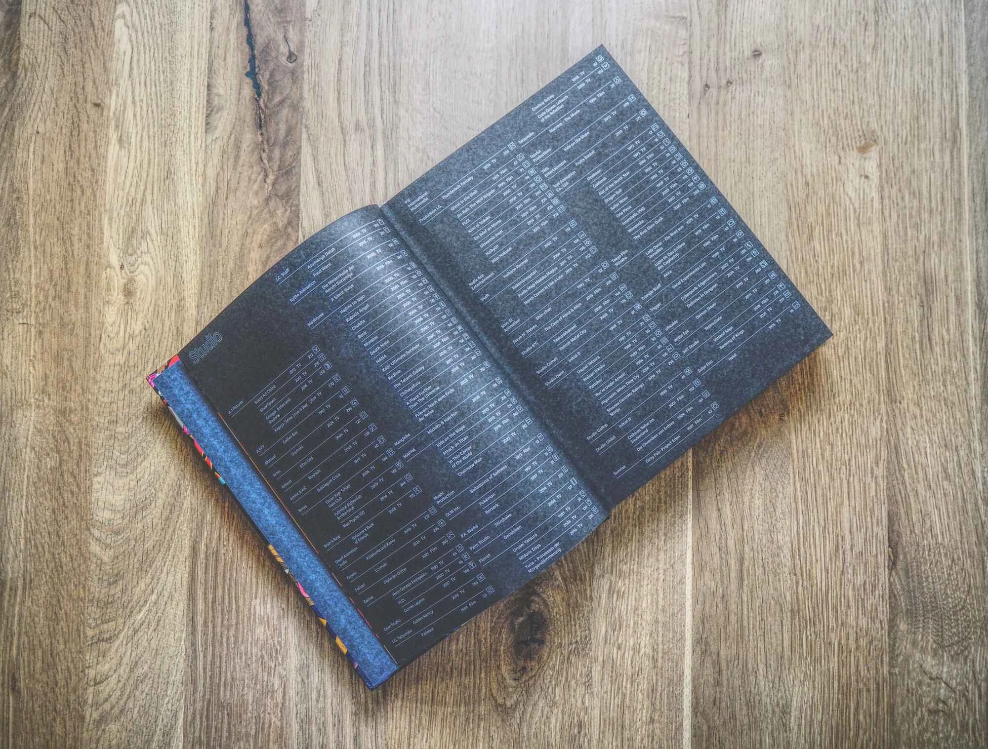 Ein aufgeschlagenes Buch mit schwarzen Seiten, die mit Spalten von weiß gedruckten Daten gefüllt sind, liegt auf einer Holzfläche.