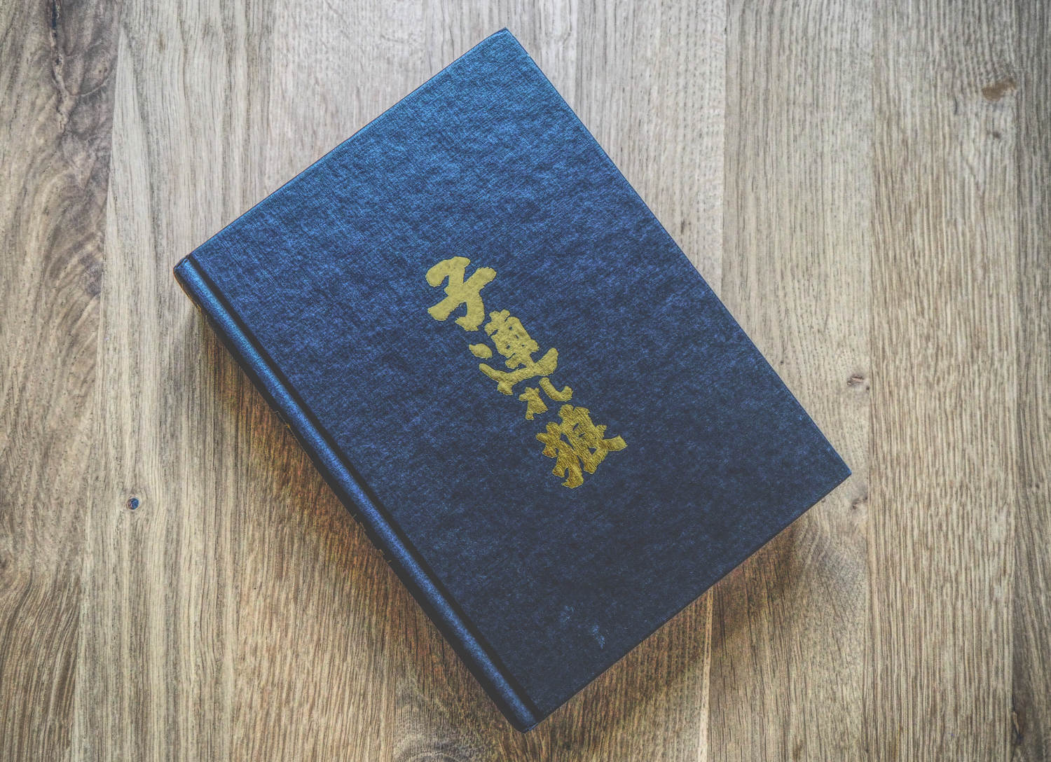 Ein blaues Buch mit chinesischer Schrift darauf.