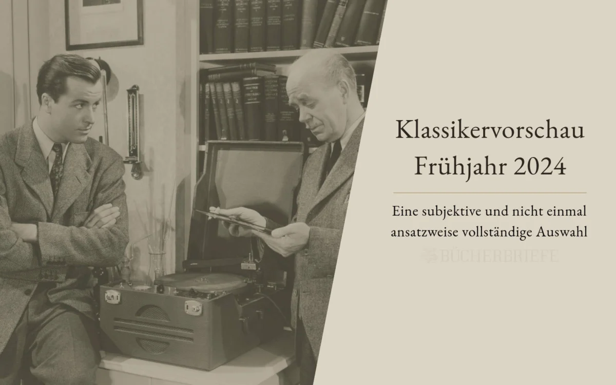 Zwei Männer in Anzügen stehen auf einem alten Foto neben einem Plattenspieler. Der Text rechts lautet: „Klassikervorschau Frühjahr 2024“ mit zusätzlichem deutschen Text darunter.