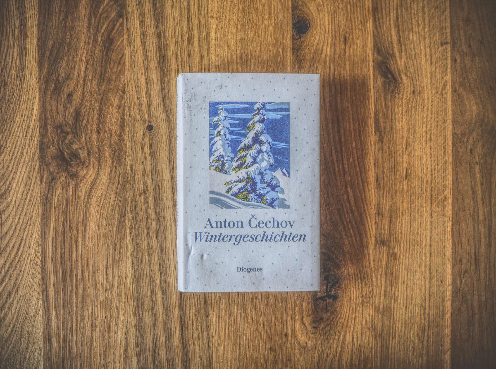 Auf einer Holzfläche liegt ein Buch mit dem Titel „Wintergeschichten“ von Anton Čechov, auf dessen Titelbild schneebedeckte Bäume abgebildet sind.