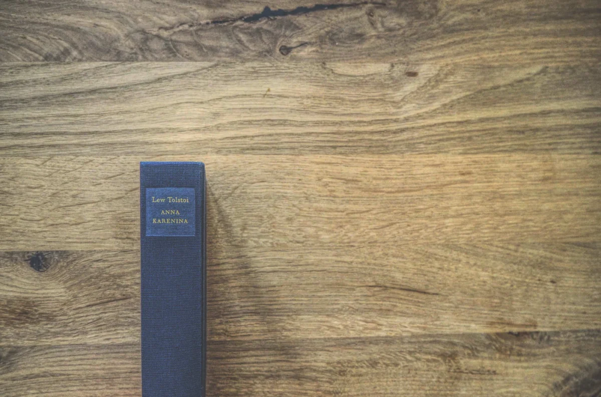 Ein gebundenes Exemplar von „Anna Karenina“ von Lew Tolstoi liegt geschlossen auf einer Holzfläche.