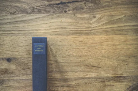 Ein gebundenes Exemplar von „Anna Karenina“ von Lew Tolstoi liegt geschlossen auf einer Holzfläche.