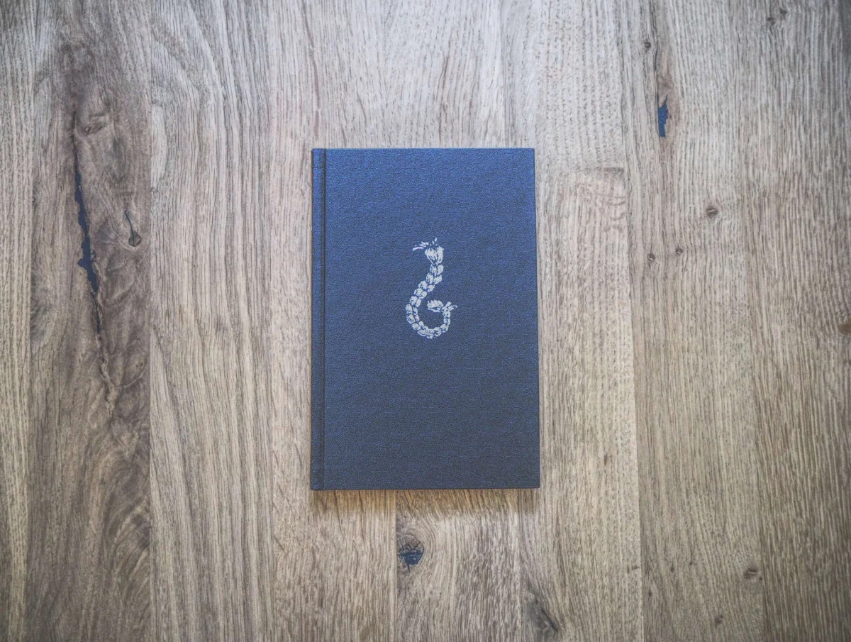 Auf einer Holzoberfläche liegt ein schwarzes Buch mit einem silbernen Haaremblem auf dem Einband.