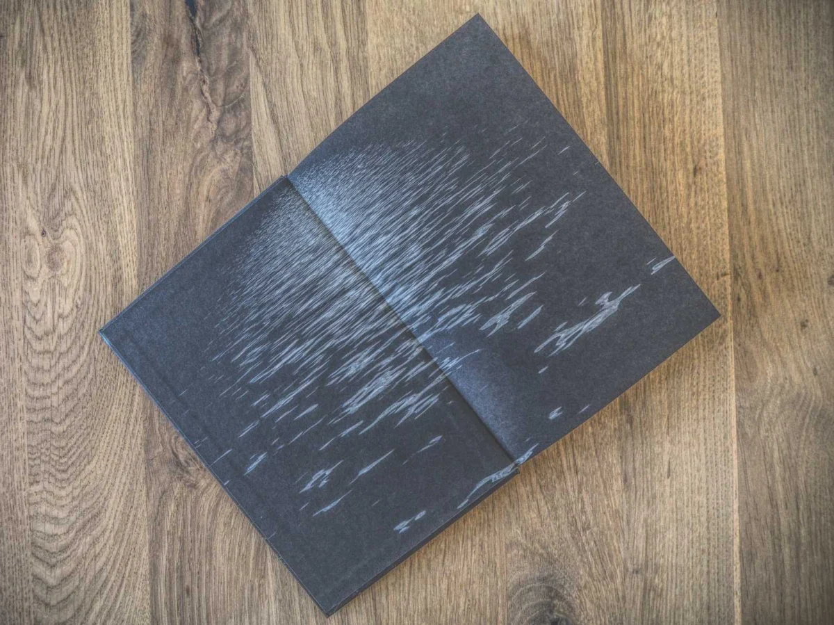 Auf einer Holzoberfläche liegt ein offenes Buch, darauf ist ein monochromes Foto von Wasser mit Wellen abgebildet.