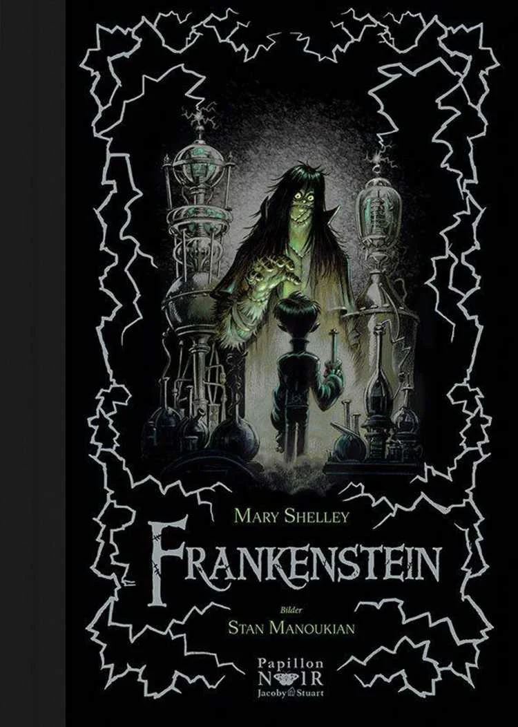 Ein Kind steht dem Frankenstein-Monster in einem dunklen Labor mit wissenschaftlichen Geräten gegenüber; auf dem Buchdeckel steht "Frankenstein" von Mary Shelley, illustriert von Stan Manoukian.