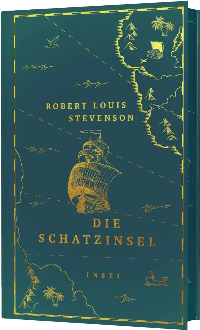 Buchumschlag von "Die Schatzinsel" von Robert Louis Stevenson, mit einer goldenen Illustration eines Segelschiffs und einer Karte mit einer Insel, Bäumen und einer Truhe auf dunkelgrünem Hintergrund.