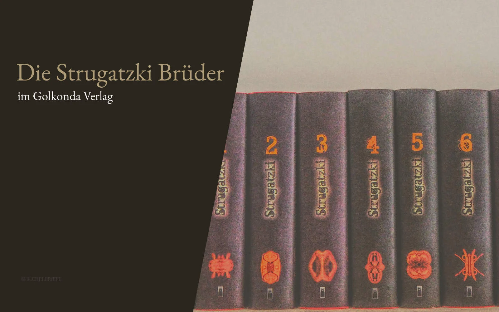 Bücher mit deutschen Titeln und den Buchrückennummern 2 bis 6, die mit einzigartigen Symbolen versehen sind, werden aufrecht präsentiert.