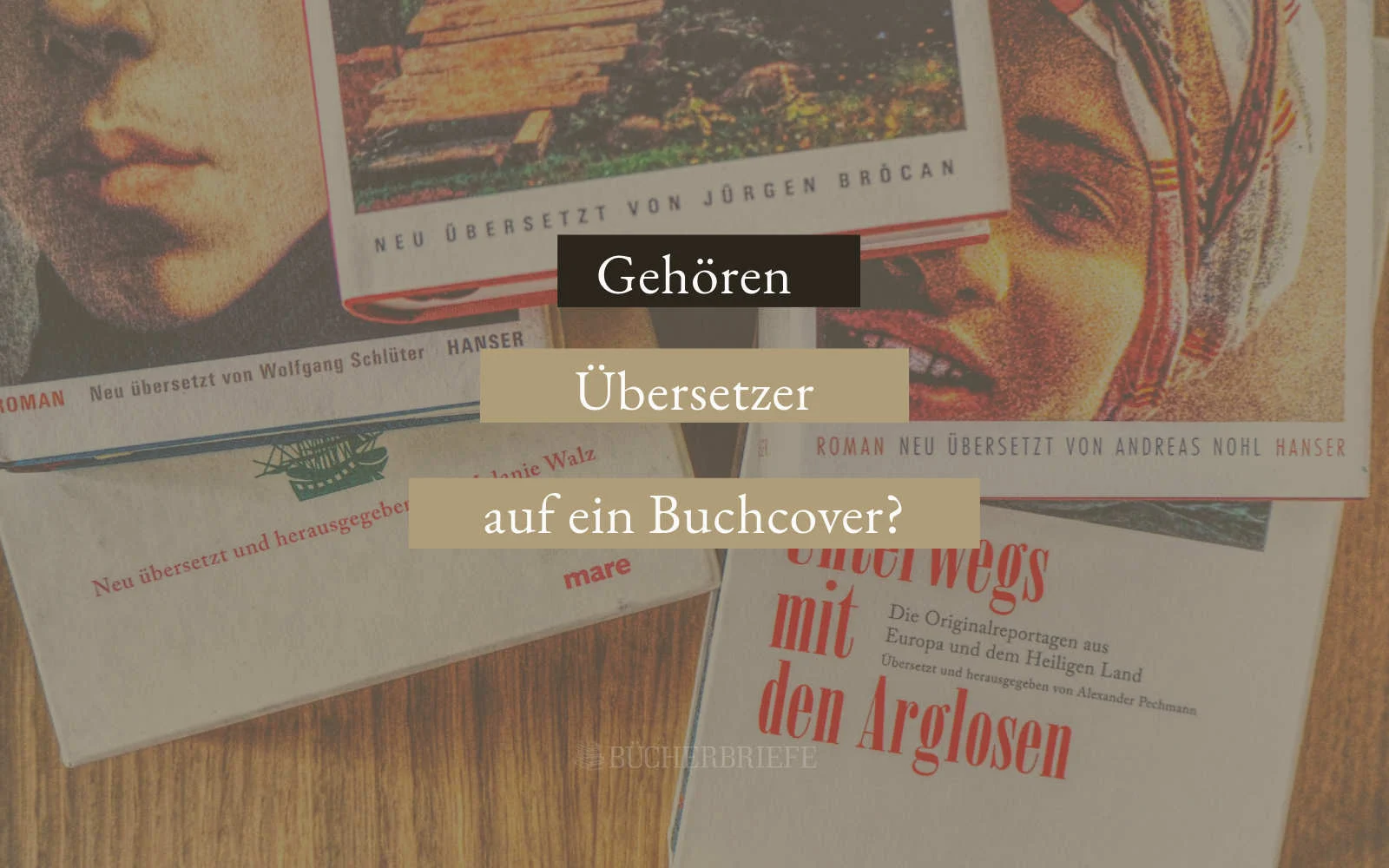 Eine Sammlung von Büchern mit deutschen Titeln, auf deren Covern Nahaufnahmen von Gesichtern zu sehen sind. Die Textüberlagerung wirft die Frage auf: „Gehören Übersetzer auf einem Buchcover?“