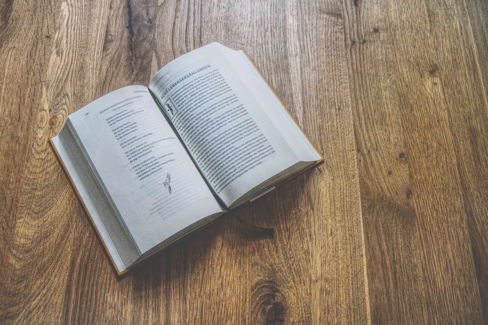 Auf einem Holztisch liegt ein aufgeschlagenes Buch, das auf der linken Seite einen Text und eine kleine Illustration enthält.