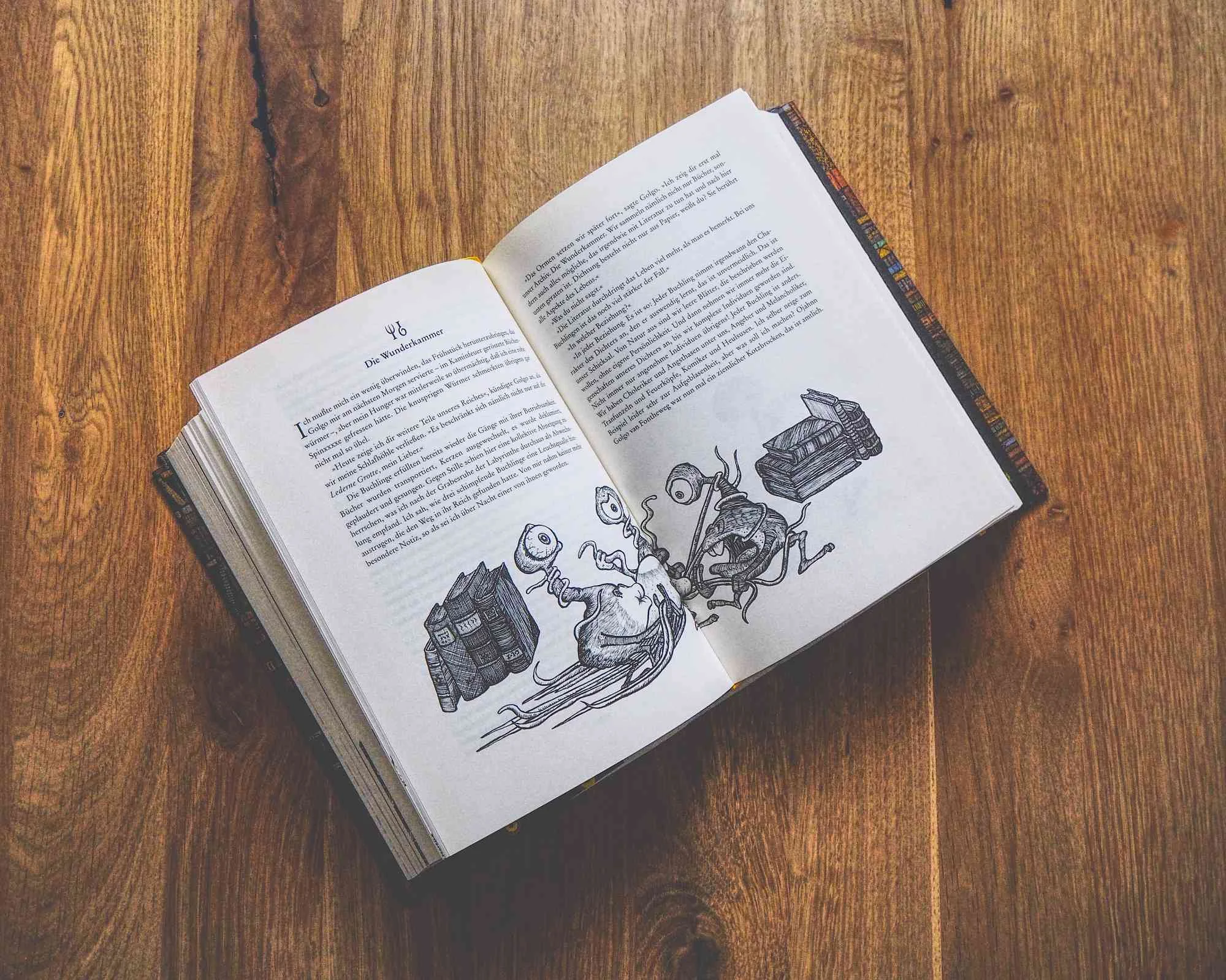 Ein aufgeschlagenes Buch auf einem Holztisch zeigt Seiten mit gedrucktem Text und einer Schwarz-Weiß-Illustration von Häusern und Figuren.