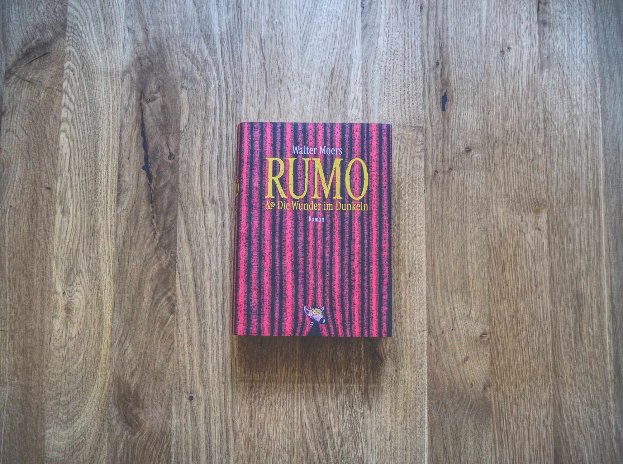 Ein Exemplar des Buches "RUMO & Die Wunder im Dunkeln" von Walter Moers liegt geschlossen auf einer Holzfläche.